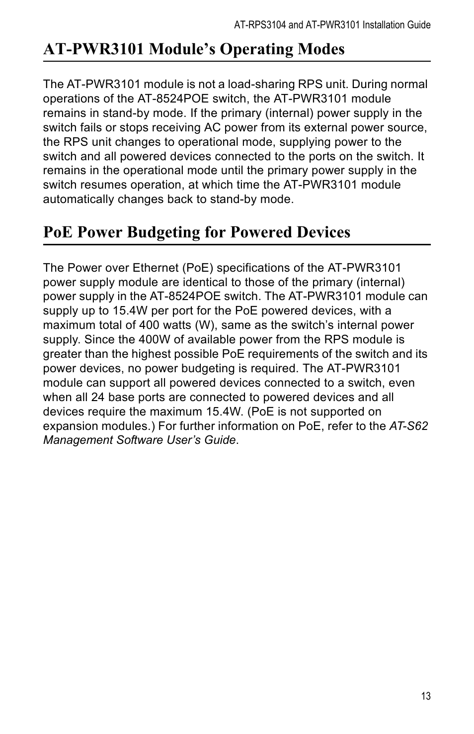 At-pwr3101 module’s operating modes, Poe power budgeting for powered devices | Allied Telesis AT-PWR3101 User Manual | Page 13 / 60