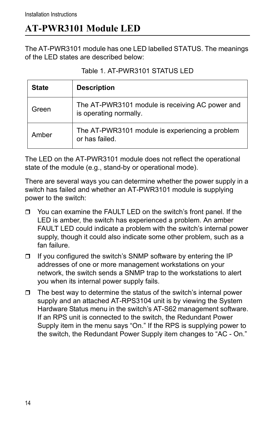 At-pwr3101 module led | Allied Telesis AT-PWR3101 User Manual | Page 14 / 60