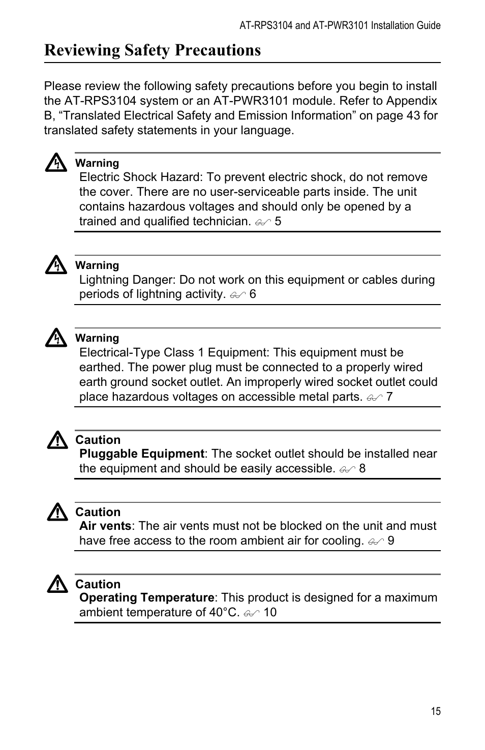 Reviewing safety precautions | Allied Telesis AT-PWR3101 User Manual | Page 15 / 60