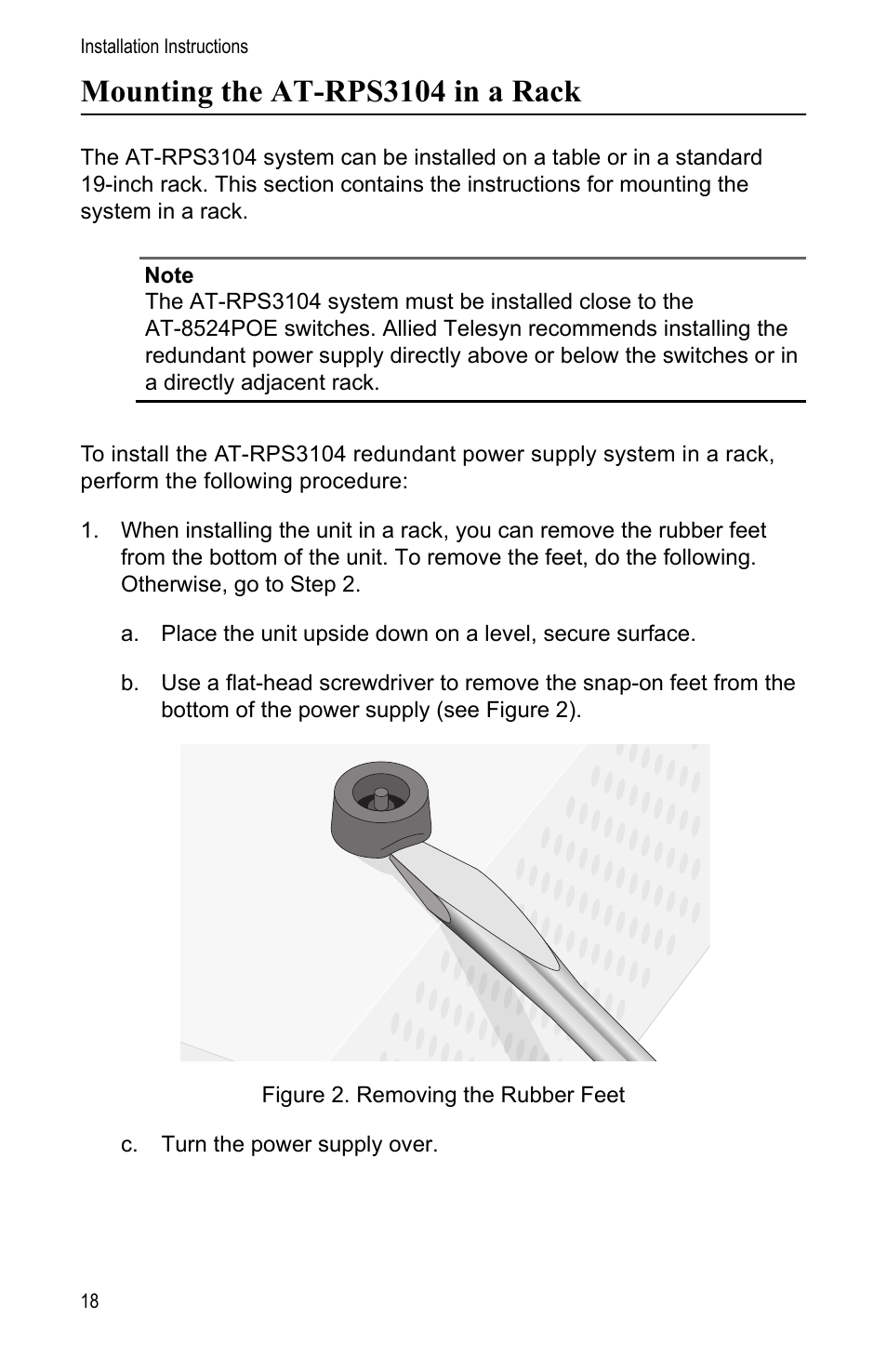Mounting the at-rps3104 in a rack | Allied Telesis AT-PWR3101 User Manual | Page 18 / 60
