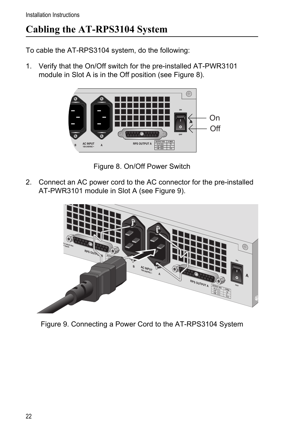 Cabling the at-rps3104 system, Off on, Installation instructions 22 | Allied Telesis AT-PWR3101 User Manual | Page 22 / 60