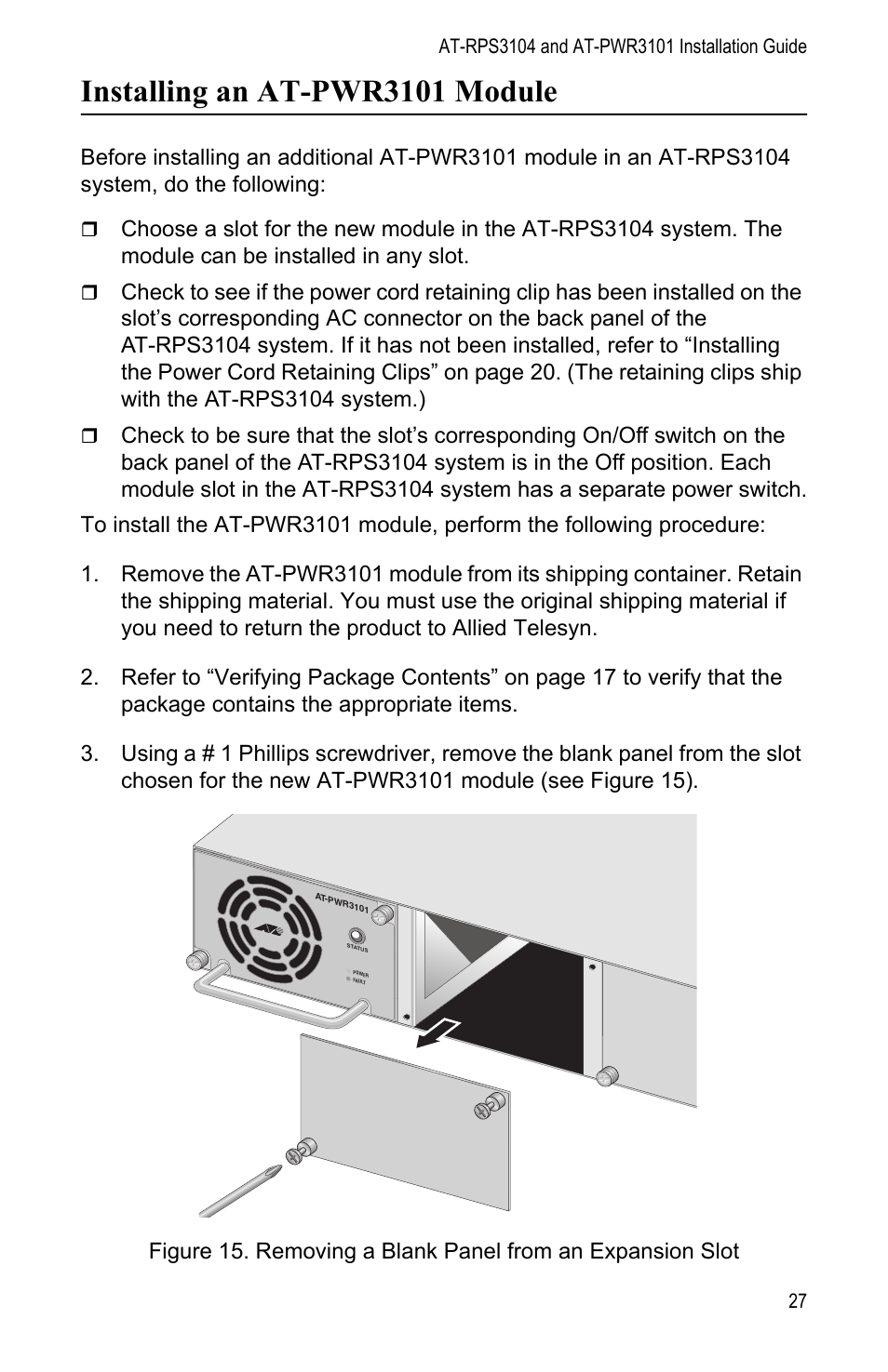 Installing an at-pwr3101 module | Allied Telesis AT-PWR3101 User Manual | Page 27 / 60
