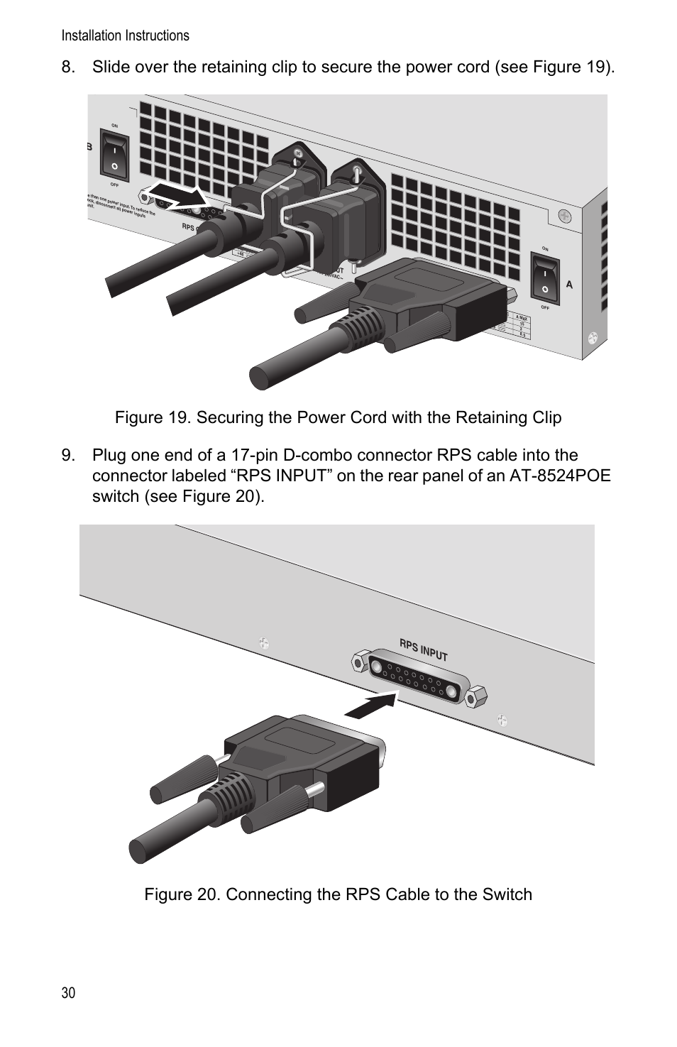 Installation instructions 30, Rps inpu t | Allied Telesis AT-PWR3101 User Manual | Page 30 / 60
