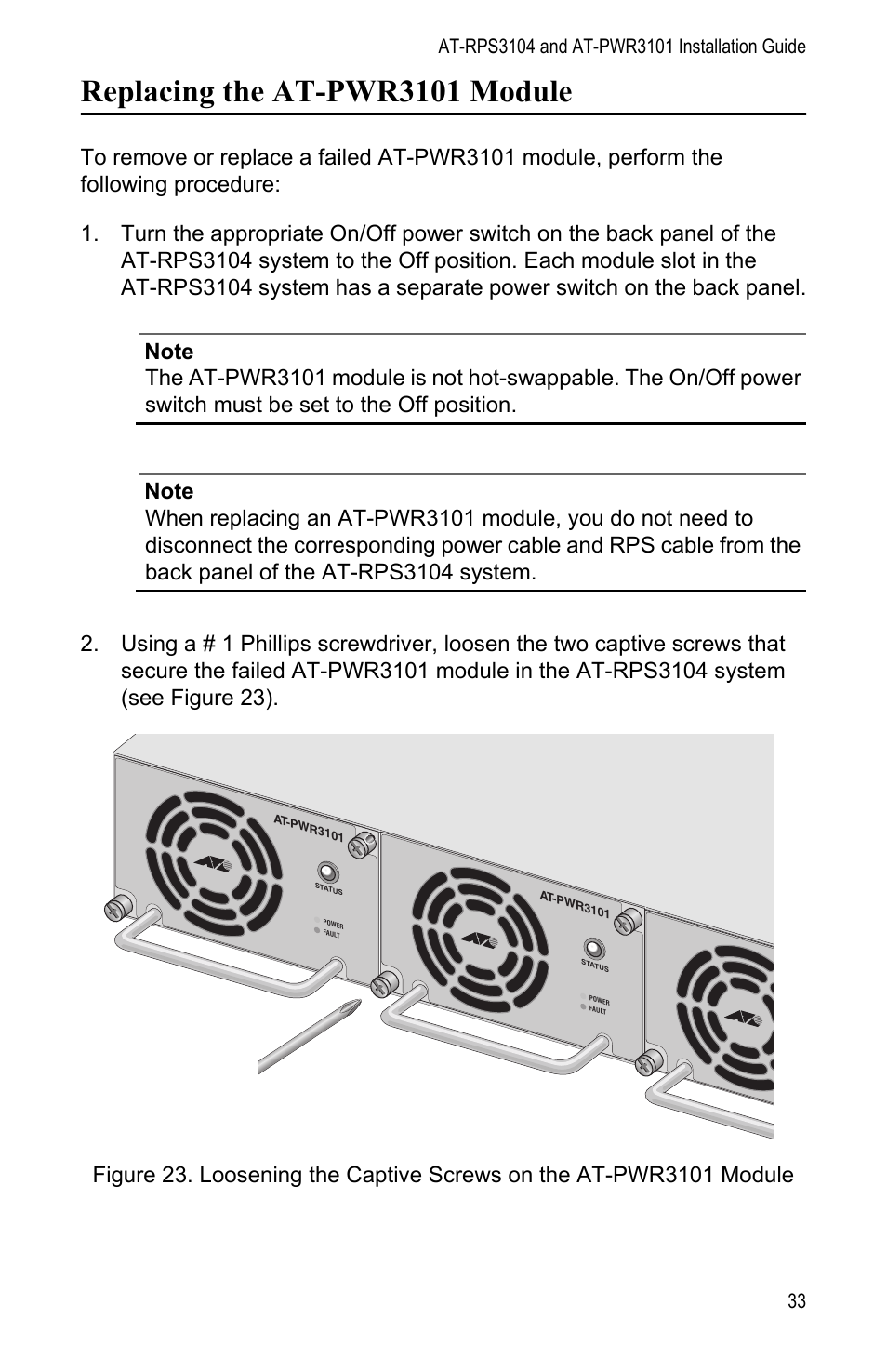 Replacing the at-pwr3101 module | Allied Telesis AT-PWR3101 User Manual | Page 33 / 60