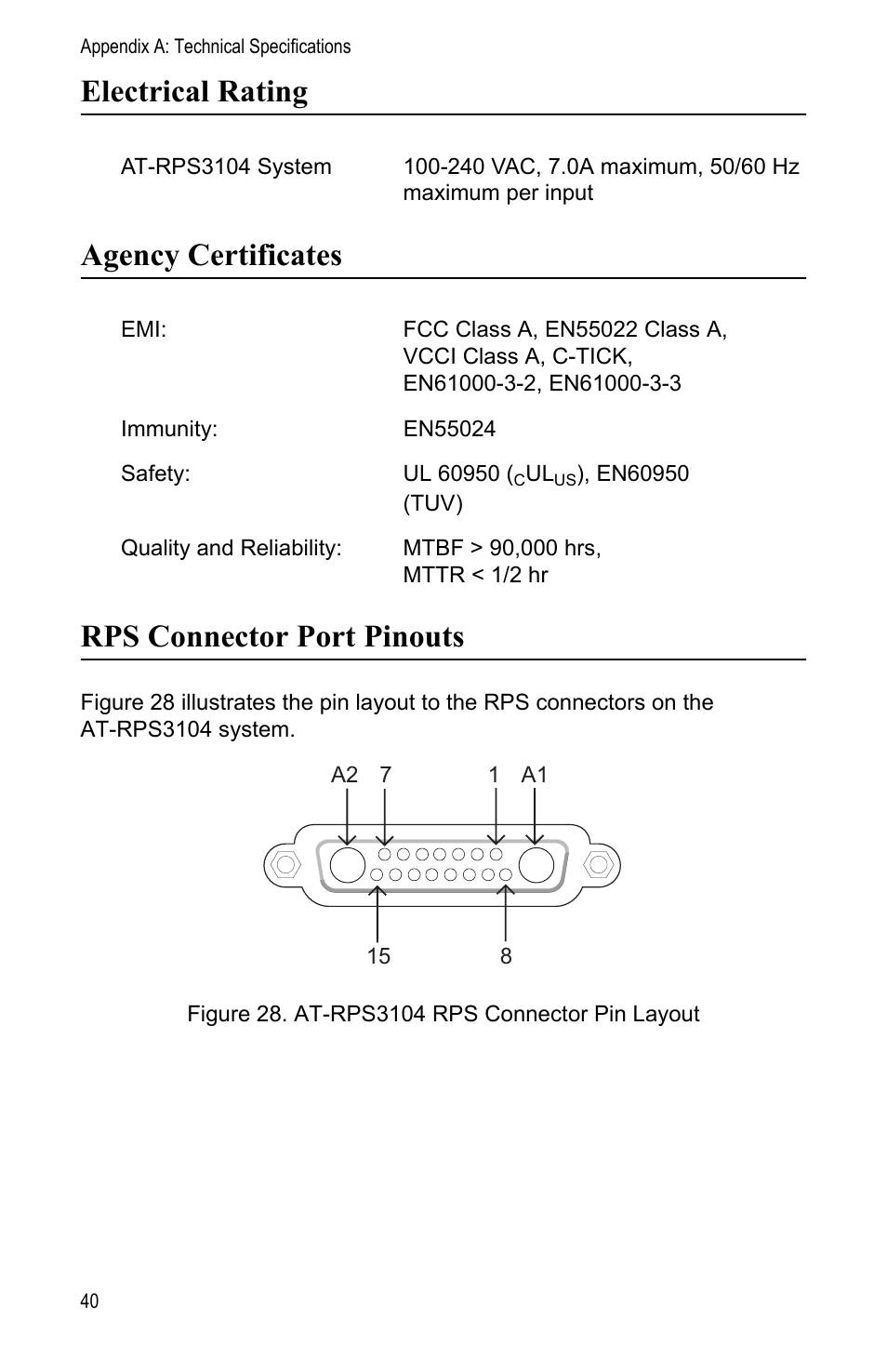 Electrical rating, Agency certificates, Rps connector port pinouts | Allied Telesis AT-PWR3101 User Manual | Page 40 / 60