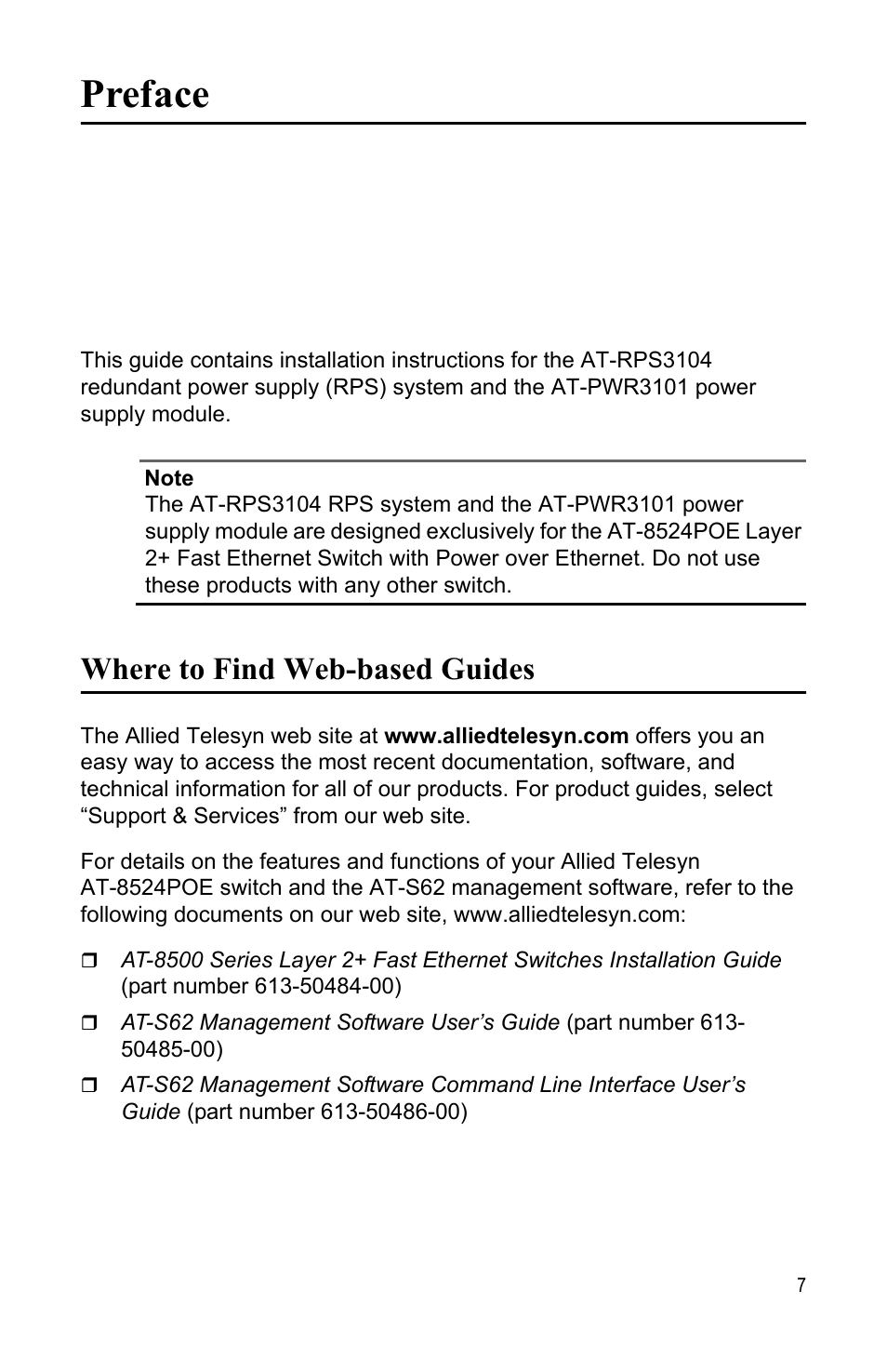 Preface, Where to find web-based guides | Allied Telesis AT-PWR3101 User Manual | Page 7 / 60