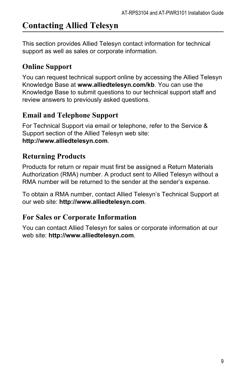 Contacting allied telesyn, Online support, Email and telephone support | Returning products, For sales or corporate information | Allied Telesis AT-PWR3101 User Manual | Page 9 / 60