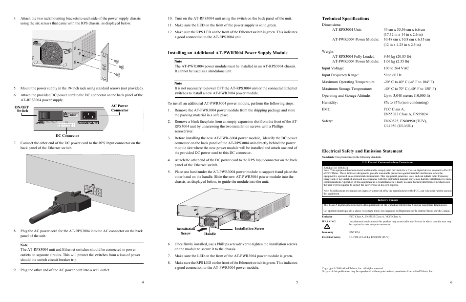 Technical specifications, Electrical safety and emission statement | Allied Telesis AT-PWR3004 User Manual | Page 2 / 2