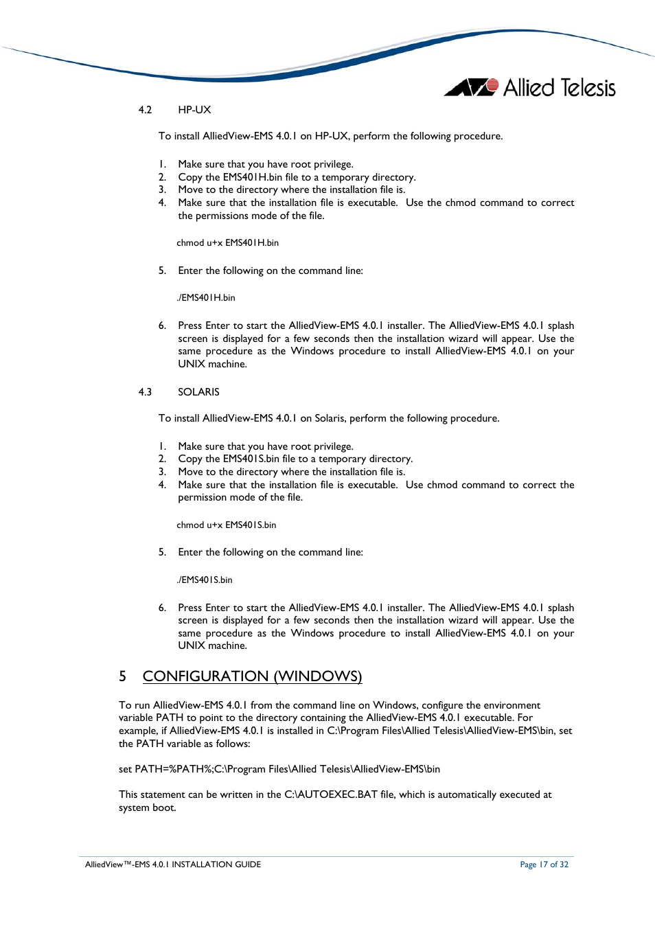 Hp-ux, Solaris, Configuration (windows) | 5 configuration (windows) | Allied Telesis AlliedView-EMS 4.0.1 INSTALLATION User Manual | Page 17 / 32