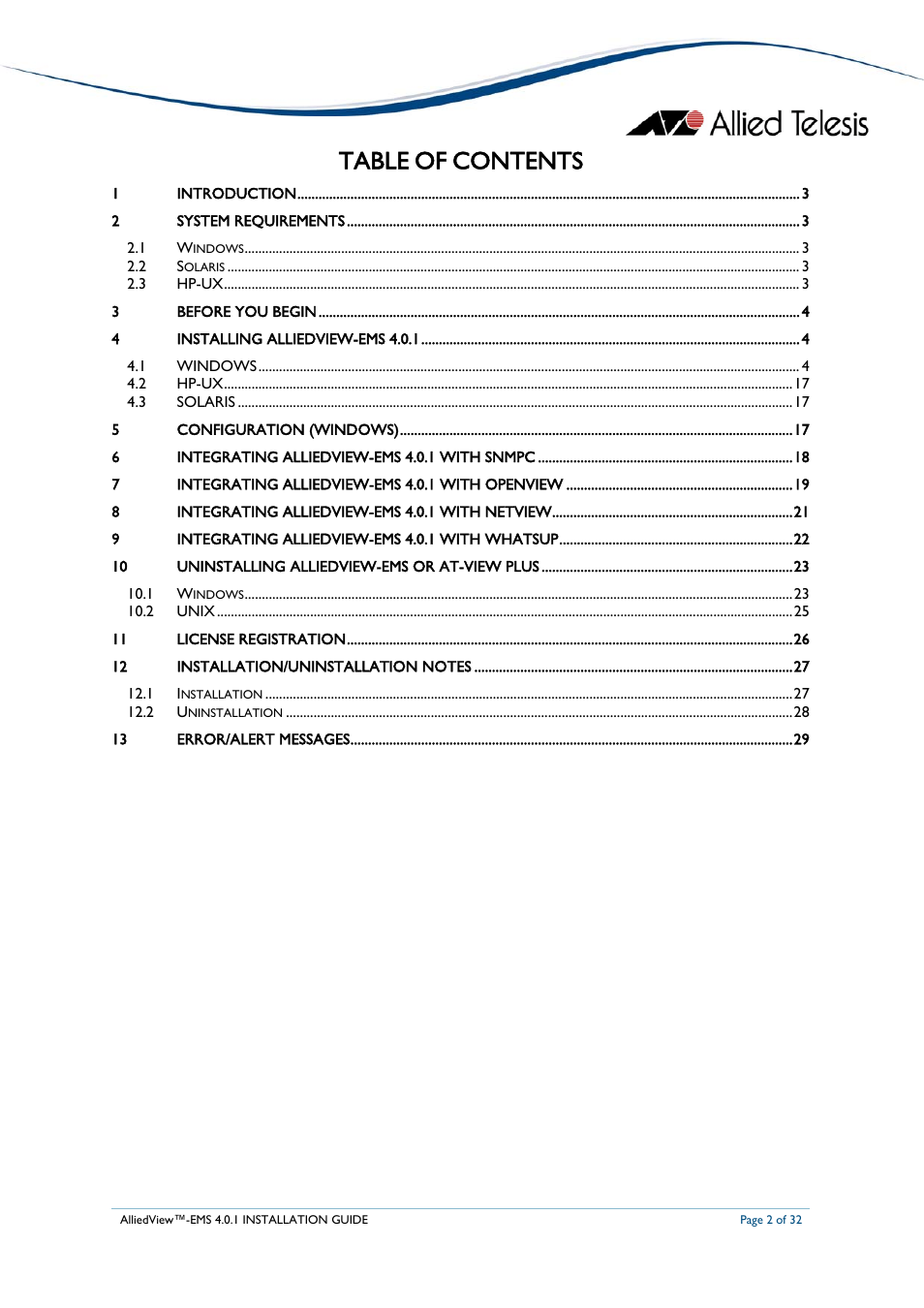 Allied Telesis AlliedView-EMS 4.0.1 INSTALLATION User Manual | Page 2 / 32