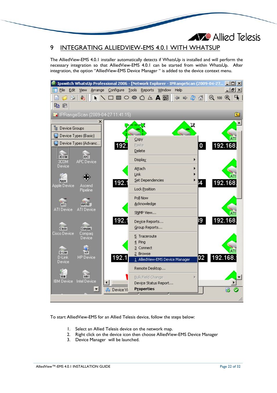 Integrating alliedview-ems 4.0.1 with whatsup, 9 integrating alliedview-ems 4.0.1 with whatsup | Allied Telesis AlliedView-EMS 4.0.1 INSTALLATION User Manual | Page 22 / 32