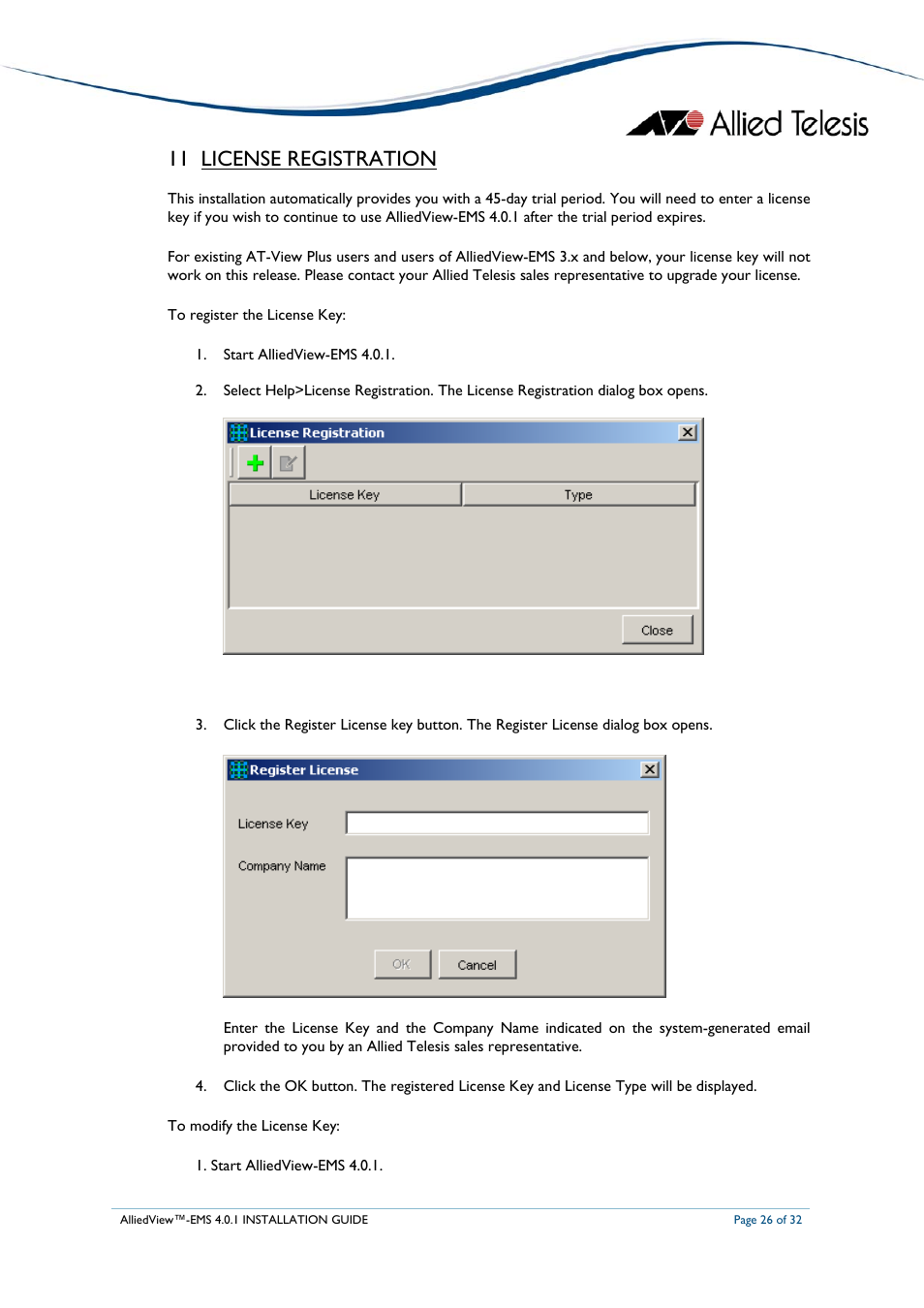 License registration, 11 license registration | Allied Telesis AlliedView-EMS 4.0.1 INSTALLATION User Manual | Page 26 / 32