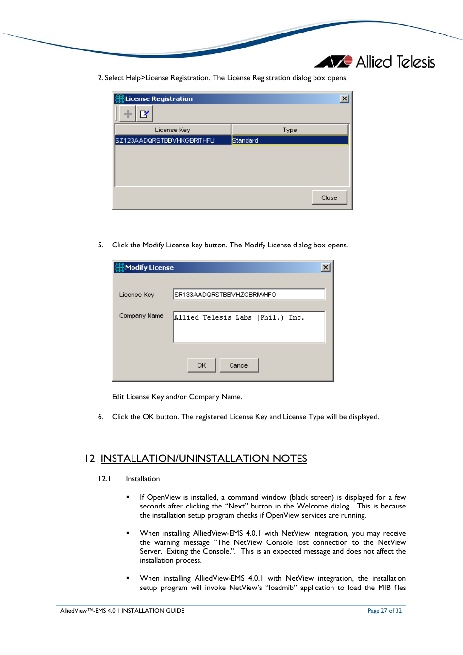 Installation/uninstallation notes, Nstallation | Allied Telesis AlliedView-EMS 4.0.1 INSTALLATION User Manual | Page 27 / 32