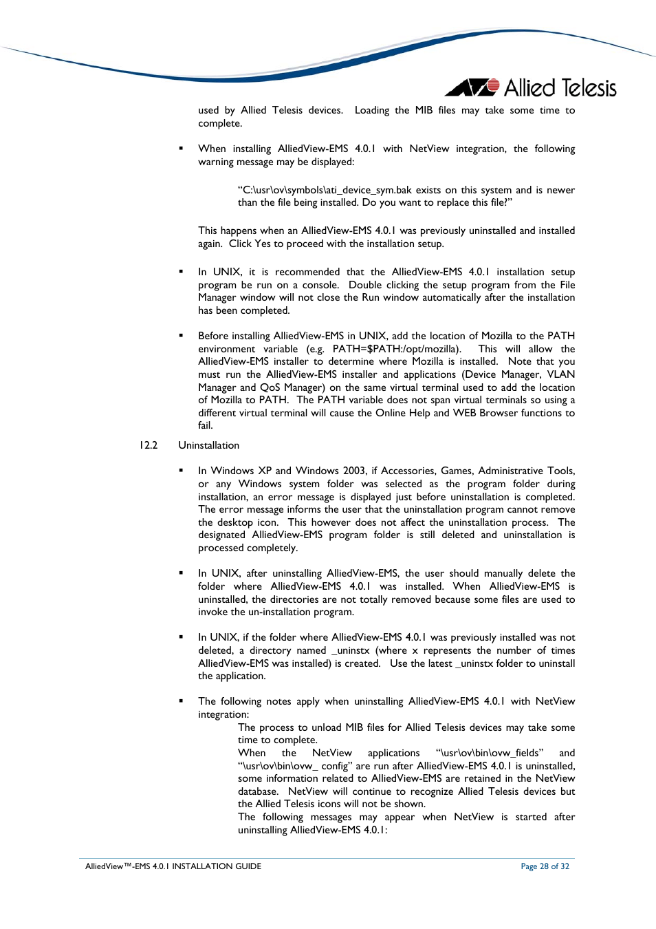 Ninstallation | Allied Telesis AlliedView-EMS 4.0.1 INSTALLATION User Manual | Page 28 / 32