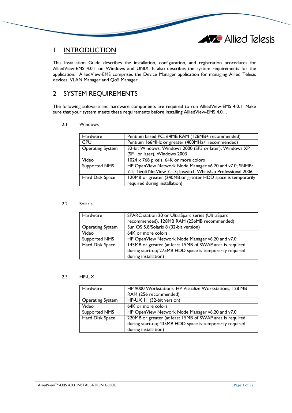 Introduction, System requirements, Indows | Olaris, Hp-ux, 1 introduction, 2 system requirements | Allied Telesis AlliedView-EMS 4.0.1 INSTALLATION User Manual | Page 3 / 32