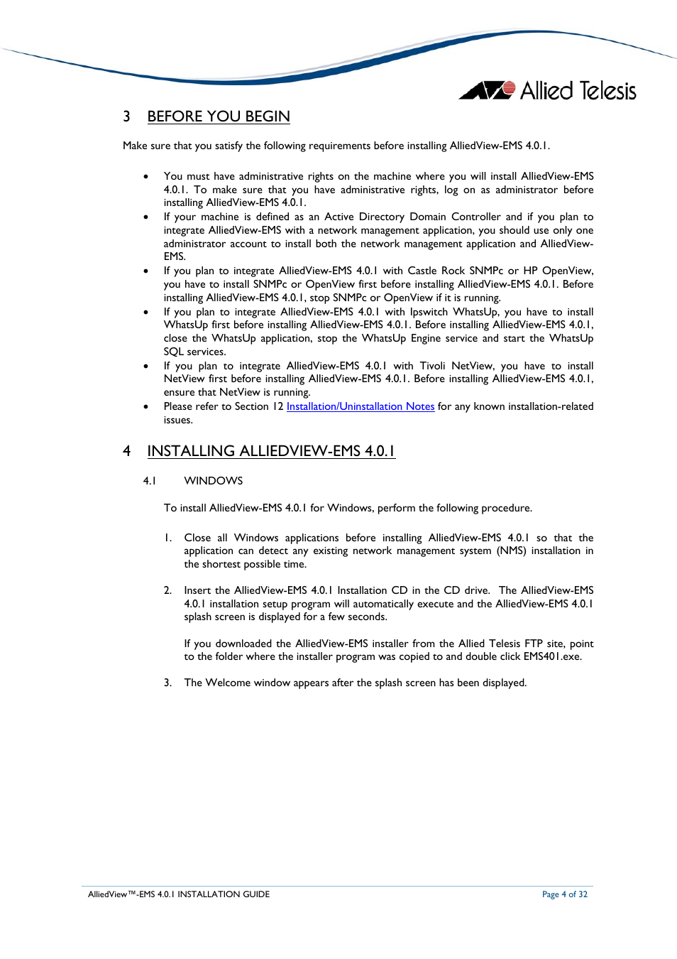Before you begin, Installing alliedview-ems 4.0.1, Windows | 3 before you begin, 4 installing alliedview-ems 4.0.1 | Allied Telesis AlliedView-EMS 4.0.1 INSTALLATION User Manual | Page 4 / 32