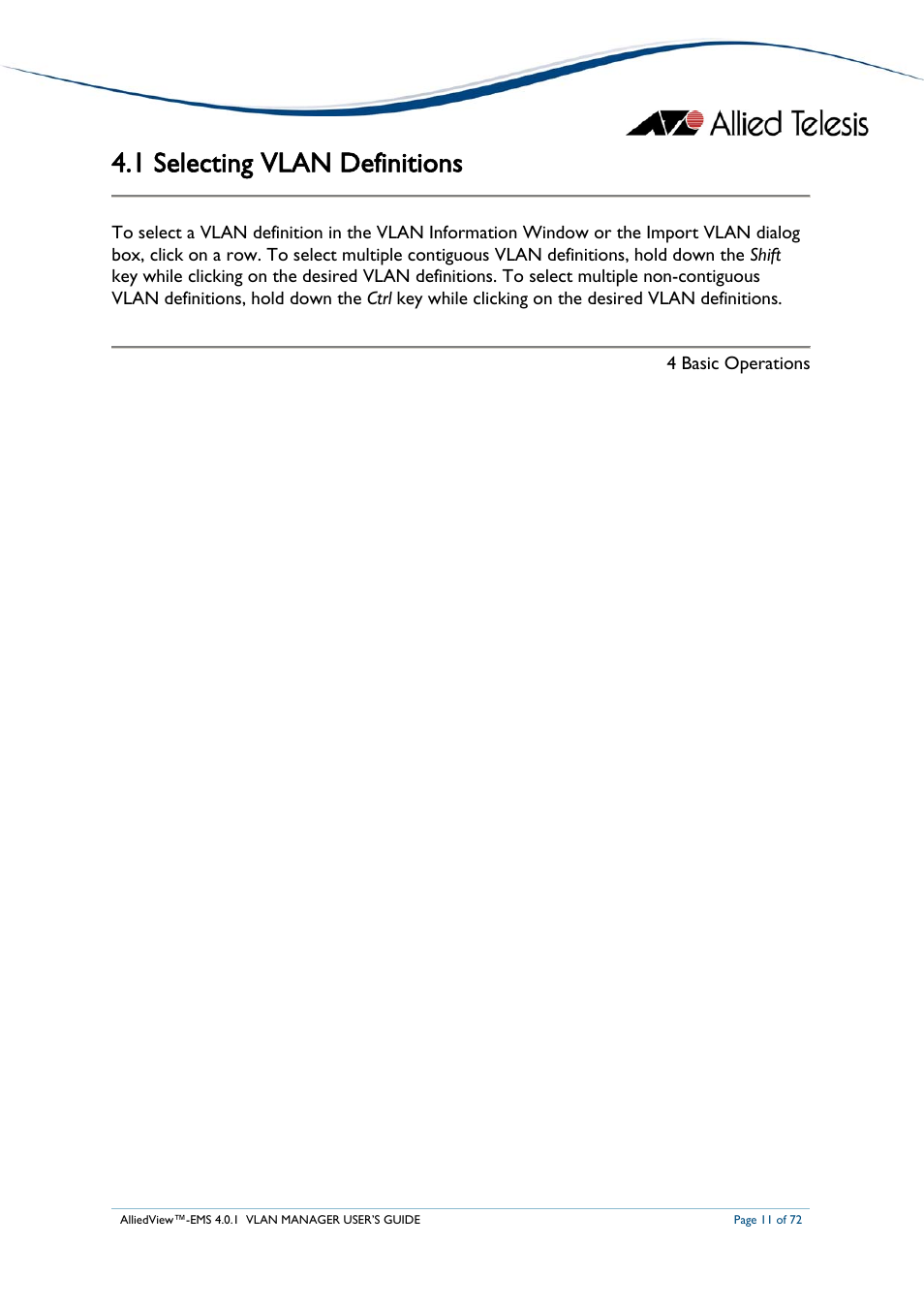 1 selecting vlan definitions, Electing, Vlan | Efinitions | Allied Telesis AlliedView-EMS 4.0.1 VLAN MANAGER User Manual | Page 11 / 72