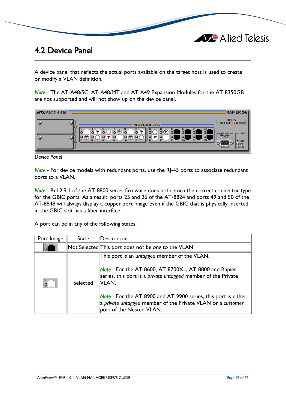 2 device panel, Evice, Anel | Allied Telesis AlliedView-EMS 4.0.1 VLAN MANAGER User Manual | Page 12 / 72