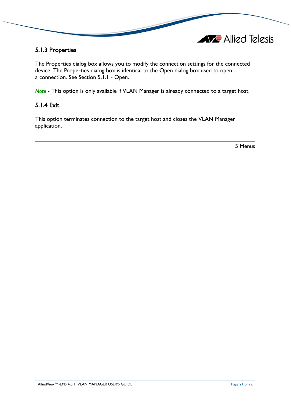 3 properties, 4 exit | Allied Telesis AlliedView-EMS 4.0.1 VLAN MANAGER User Manual | Page 21 / 72