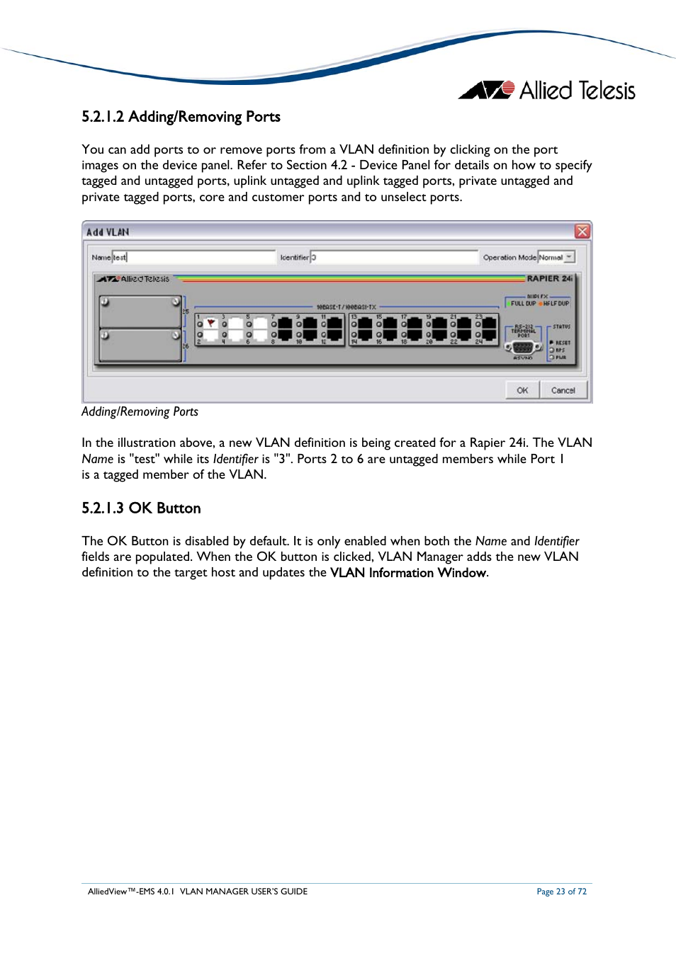 2 adding/removing ports, 3 ok button | Allied Telesis AlliedView-EMS 4.0.1 VLAN MANAGER User Manual | Page 23 / 72