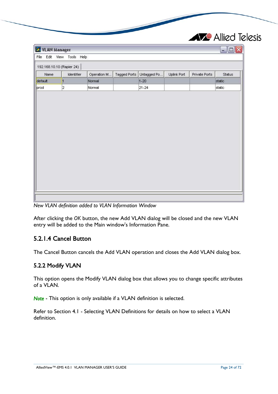 4 cancel button, 2 modify vlan | Allied Telesis AlliedView-EMS 4.0.1 VLAN MANAGER User Manual | Page 24 / 72