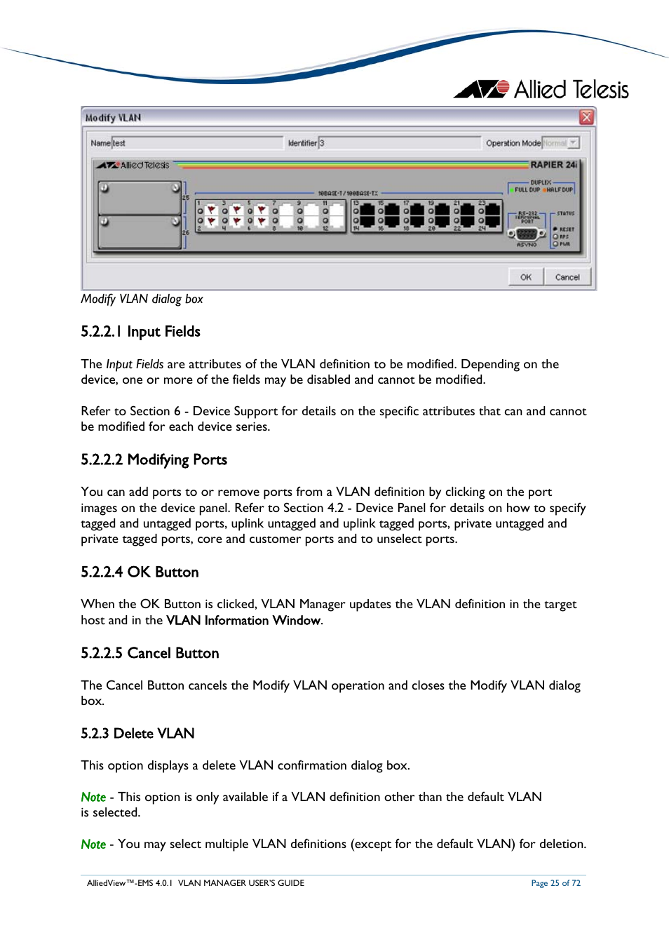 1 input fields, 2 modifying ports, 4 ok button | 5 cancel button, 3 delete vlan | Allied Telesis AlliedView-EMS 4.0.1 VLAN MANAGER User Manual | Page 25 / 72