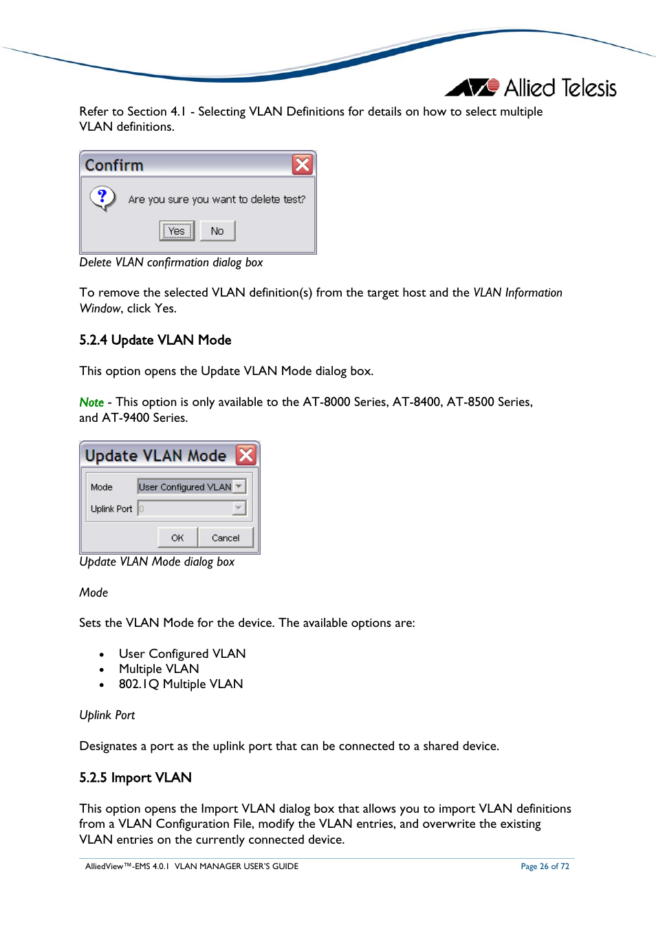 4 update vlan mode, 5 import vlan | Allied Telesis AlliedView-EMS 4.0.1 VLAN MANAGER User Manual | Page 26 / 72