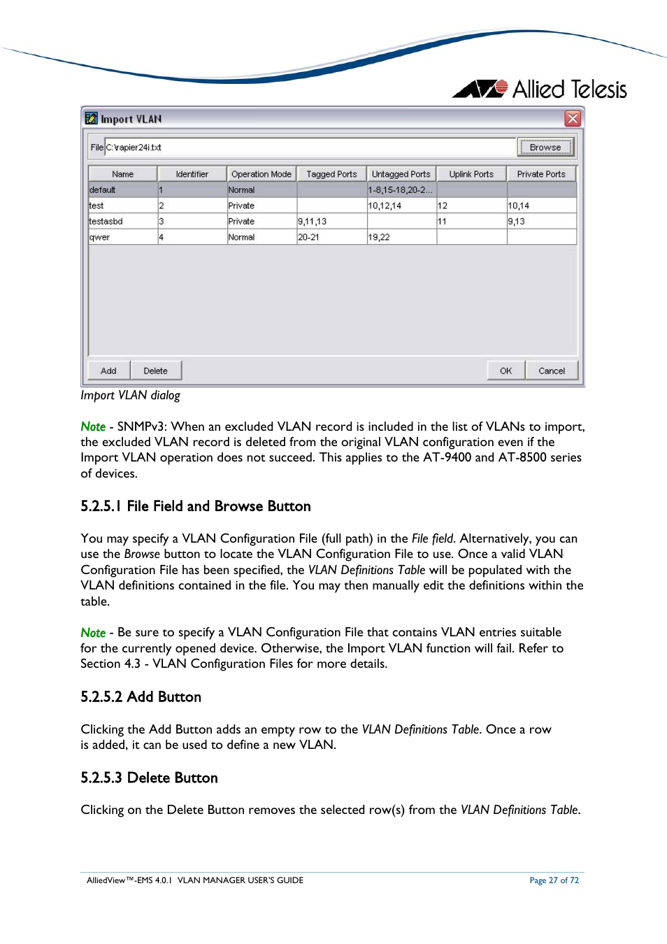 1 file field and browse button, 2 add button, 3 delete button | Allied Telesis AlliedView-EMS 4.0.1 VLAN MANAGER User Manual | Page 27 / 72