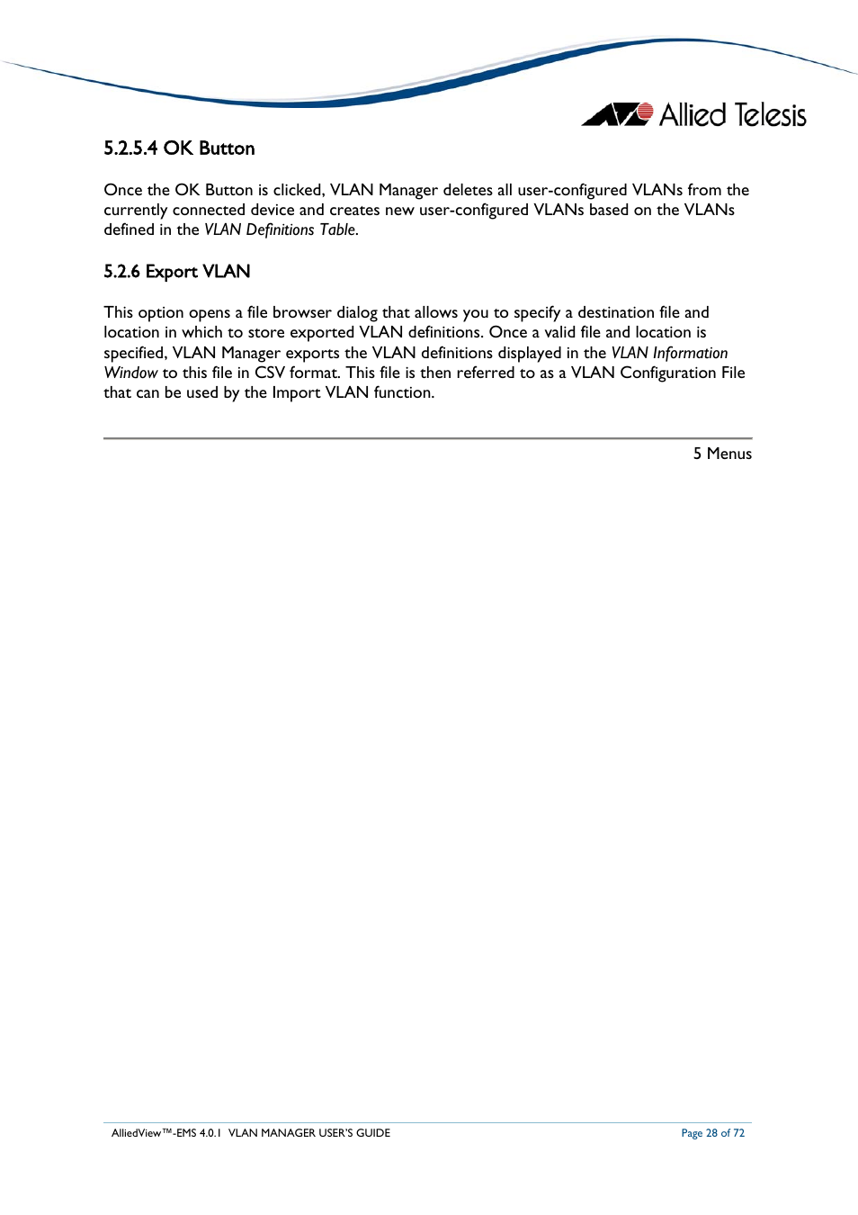 4 ok button, 6 export vlan | Allied Telesis AlliedView-EMS 4.0.1 VLAN MANAGER User Manual | Page 28 / 72