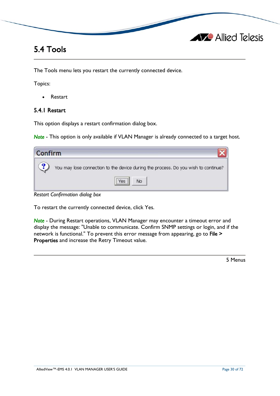 4 tools, 1 restart, Ools | Allied Telesis AlliedView-EMS 4.0.1 VLAN MANAGER User Manual | Page 30 / 72