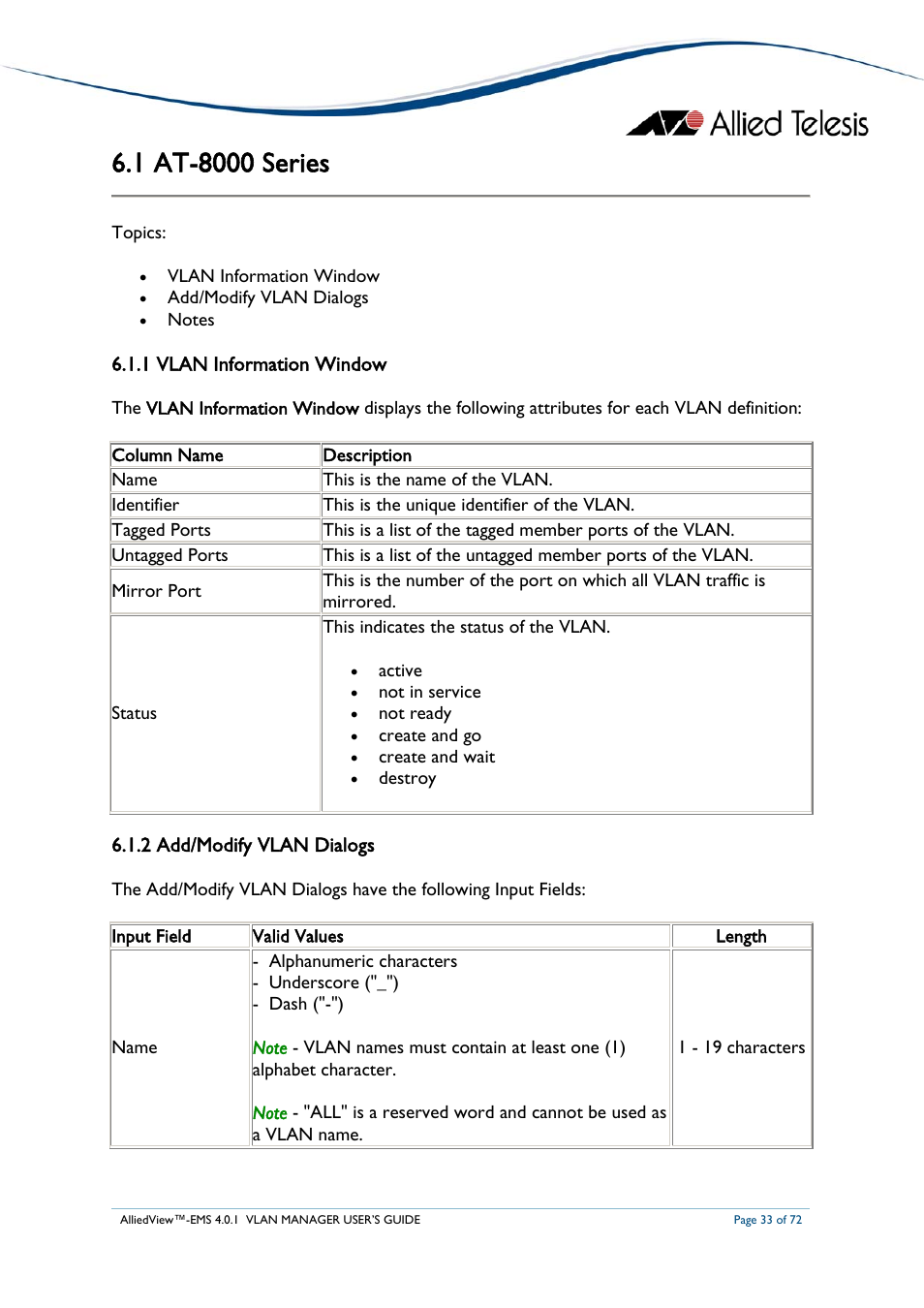 1 at-8000 series, 1 vlan information window, 2 add/modify vlan dialogs | At-8000, Eries | Allied Telesis AlliedView-EMS 4.0.1 VLAN MANAGER User Manual | Page 33 / 72