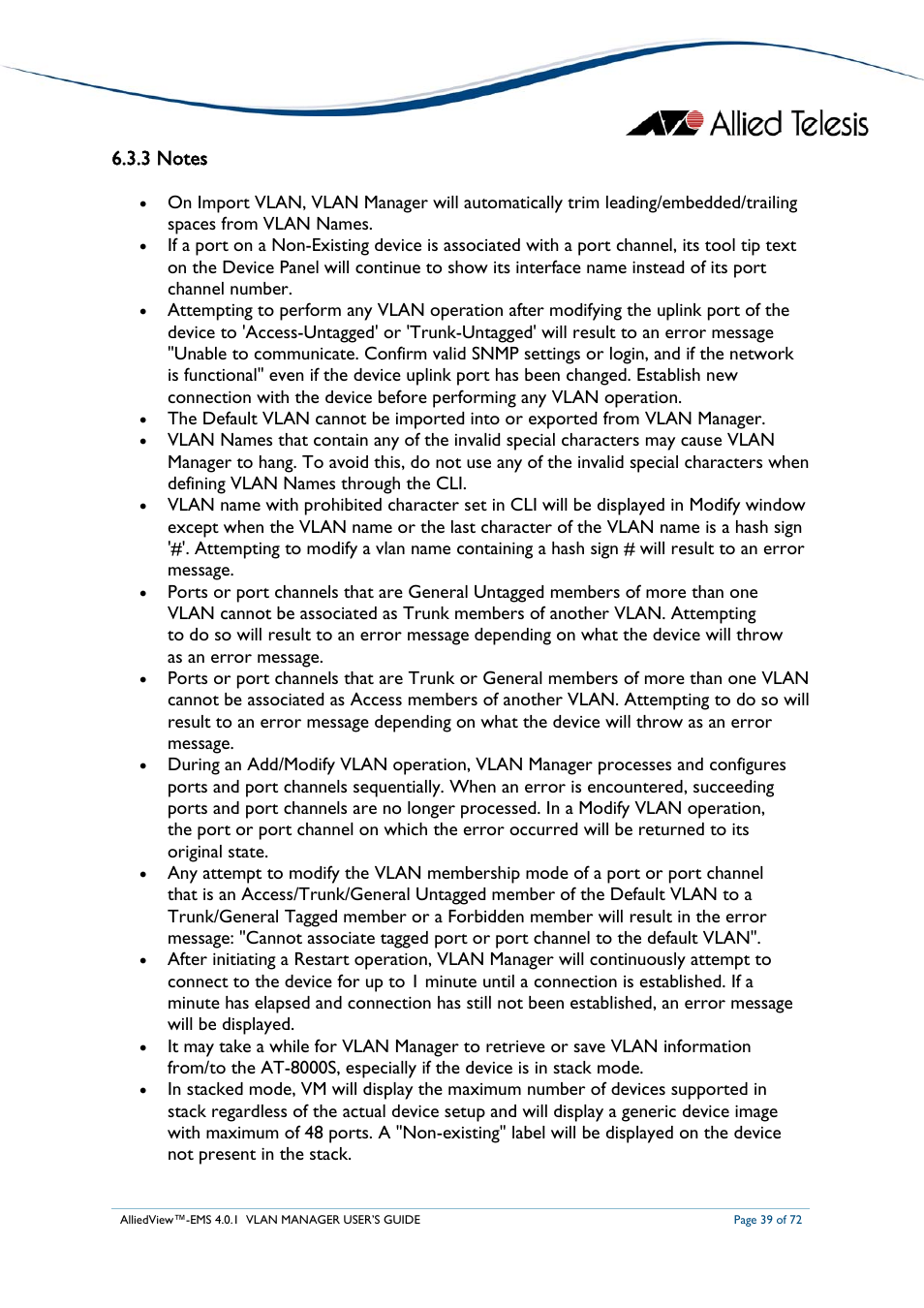 3 notes | Allied Telesis AlliedView-EMS 4.0.1 VLAN MANAGER User Manual | Page 39 / 72