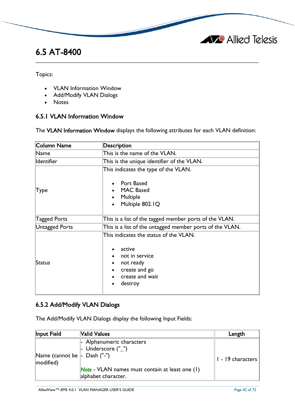 5 at-8400, 1 vlan information window, 2 add/modify vlan dialogs | At-8400 | Allied Telesis AlliedView-EMS 4.0.1 VLAN MANAGER User Manual | Page 42 / 72