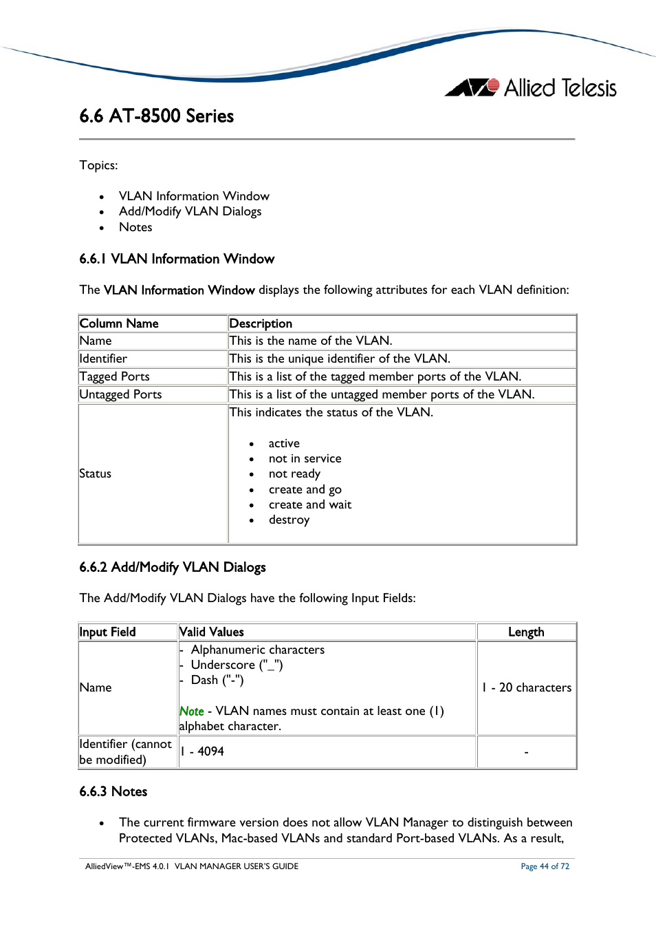 6 at-8500 series, 1 vlan information window, 2 add/modify vlan dialogs | 3 notes, At-8500, Eries, 2 add/modify vlan dialogs 6.6.3 notes | Allied Telesis AlliedView-EMS 4.0.1 VLAN MANAGER User Manual | Page 44 / 72