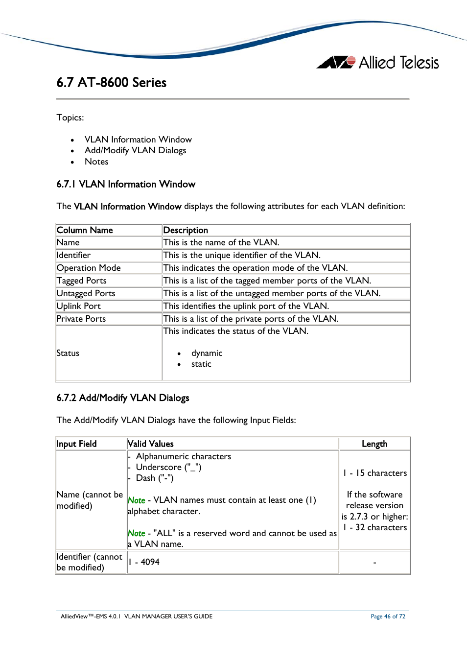 7 at-8600 series, 1 vlan information window, 2 add/modify vlan dialogs | At-8600, Eries | Allied Telesis AlliedView-EMS 4.0.1 VLAN MANAGER User Manual | Page 46 / 72