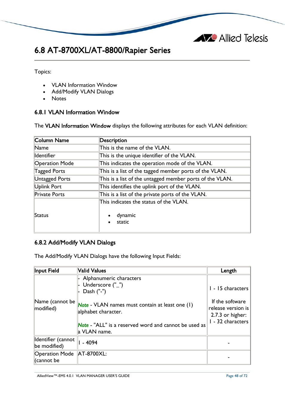 8 at-8700xl/at-8800/rapier series, 1 vlan information window, 2 add/modify vlan dialogs | At-8700xl/at-8800/r, Apier, Eries | Allied Telesis AlliedView-EMS 4.0.1 VLAN MANAGER User Manual | Page 48 / 72