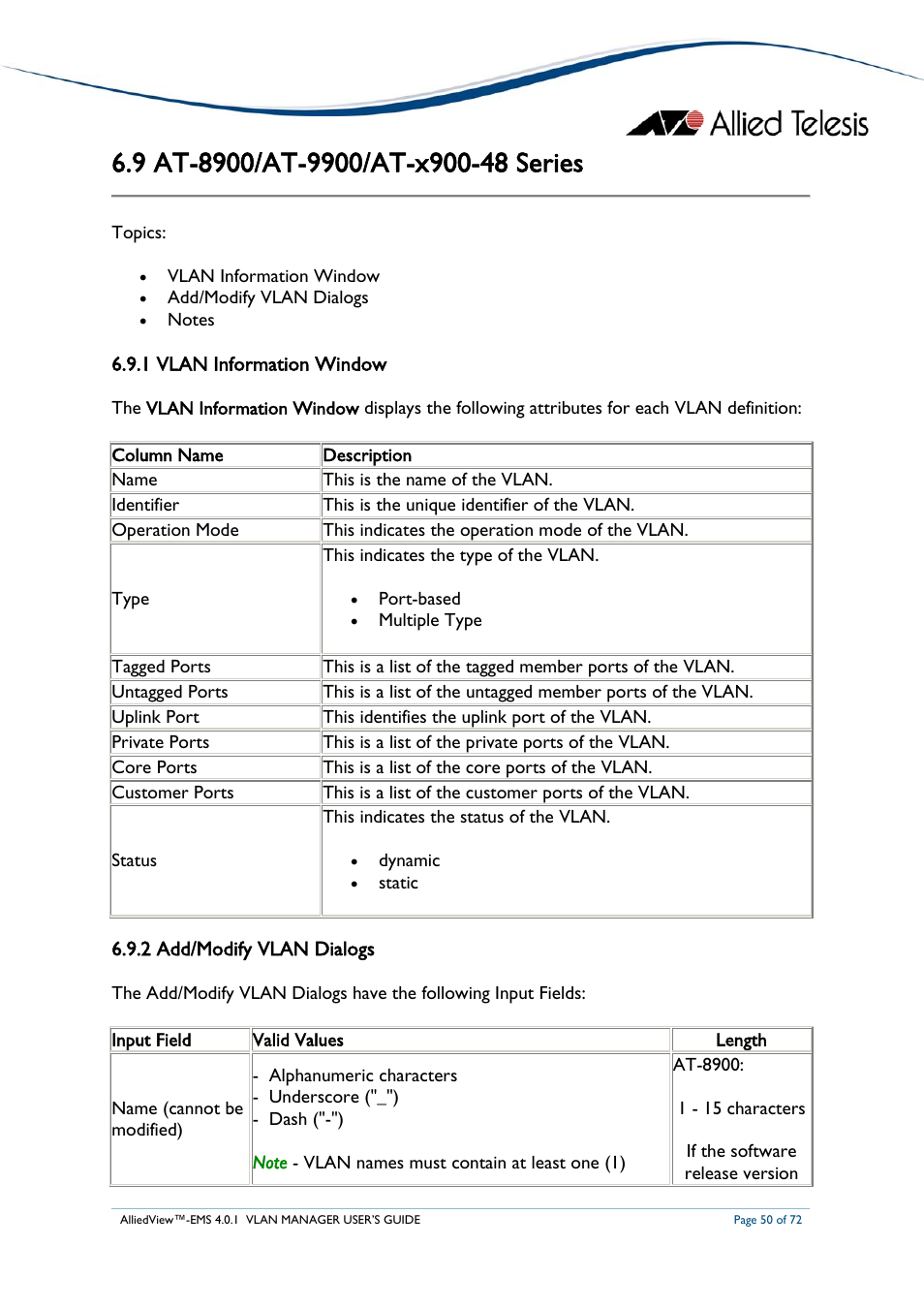 9 at-8900/at-9900/at-x900-48 series, 1 vlan information window, 2 add/modify vlan dialogs | At-8900/at-9900/at, Eries | Allied Telesis AlliedView-EMS 4.0.1 VLAN MANAGER User Manual | Page 50 / 72