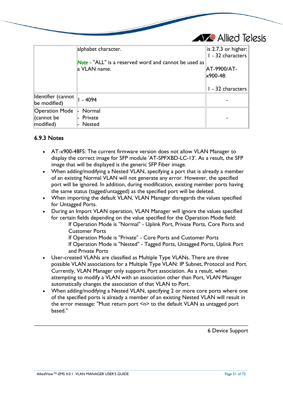 3 notes | Allied Telesis AlliedView-EMS 4.0.1 VLAN MANAGER User Manual | Page 51 / 72