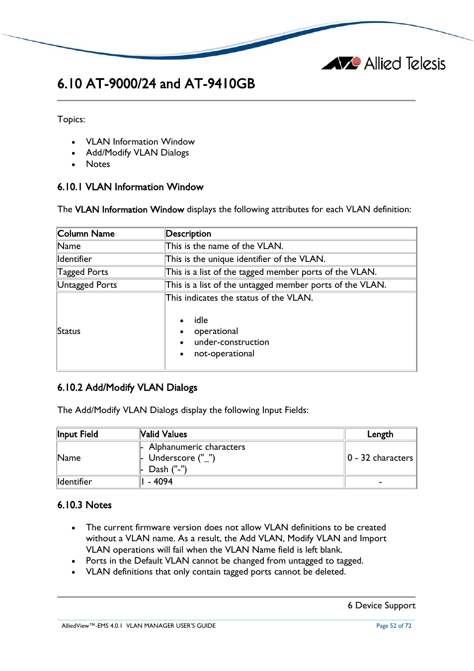 10 at-9000/24 and at-9410gb, 1 vlan information window, 2 add/modify vlan dialogs | 3 notes, At-9000/24, At-9410gb | Allied Telesis AlliedView-EMS 4.0.1 VLAN MANAGER User Manual | Page 52 / 72