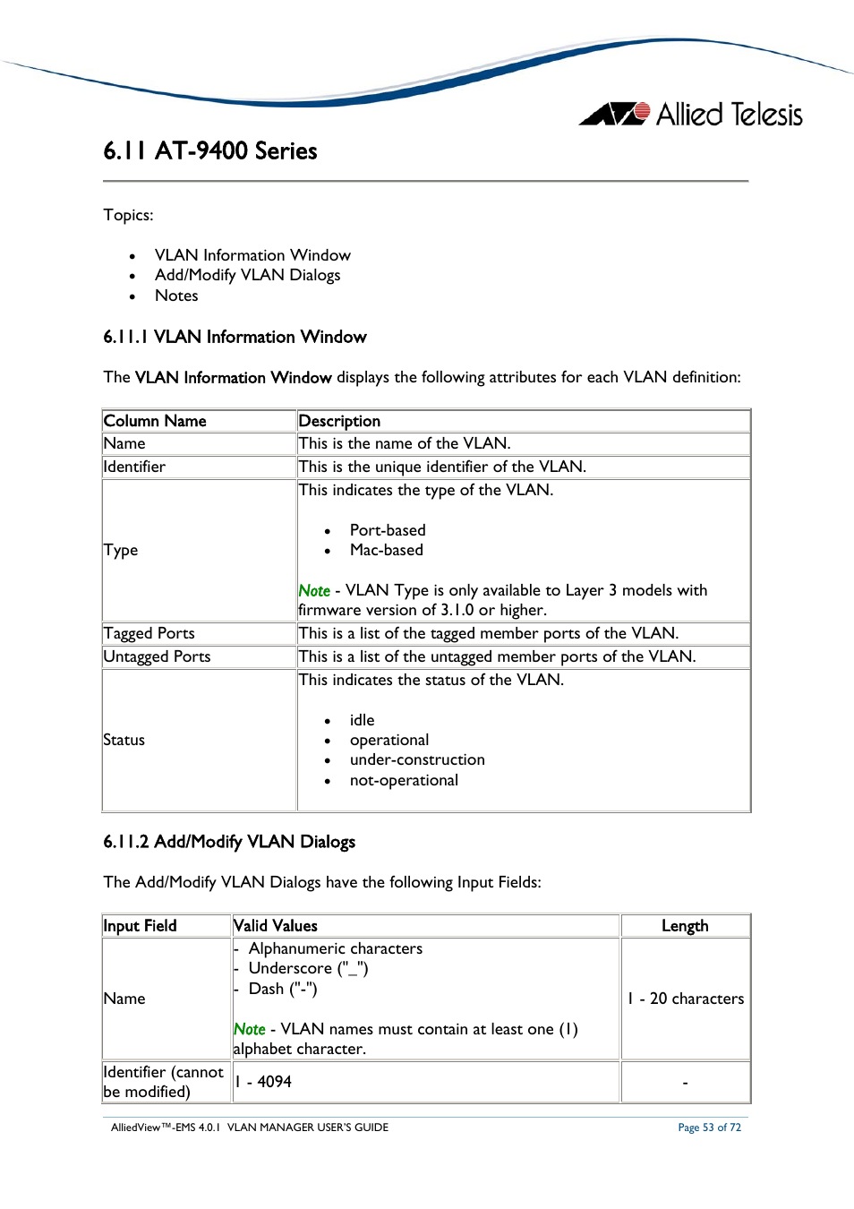 11 at-9400 series, 1 vlan information window, 2 add/modify vlan dialogs | At-9400, Eries | Allied Telesis AlliedView-EMS 4.0.1 VLAN MANAGER User Manual | Page 53 / 72