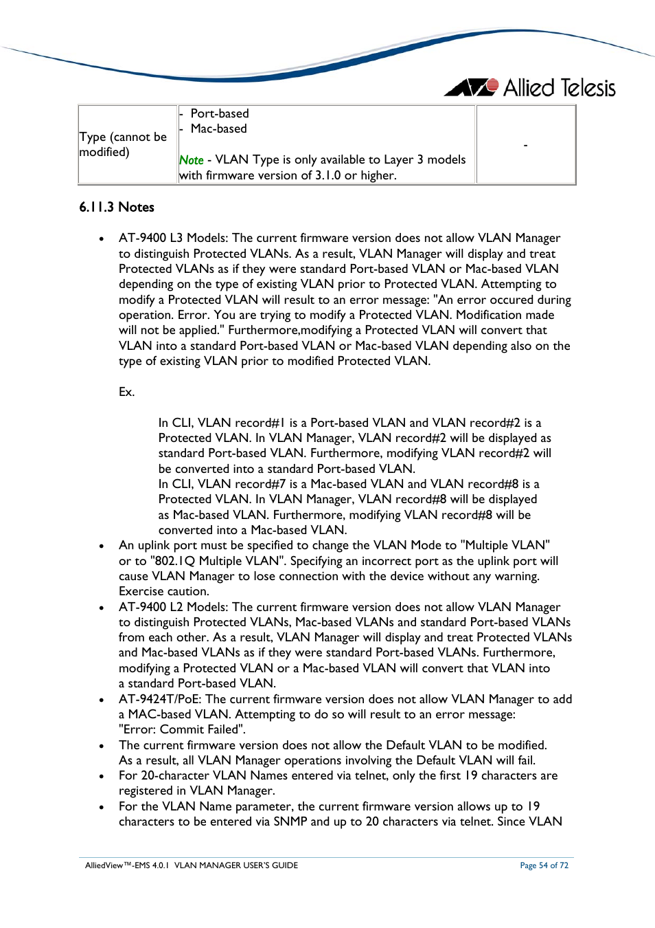 3 notes | Allied Telesis AlliedView-EMS 4.0.1 VLAN MANAGER User Manual | Page 54 / 72