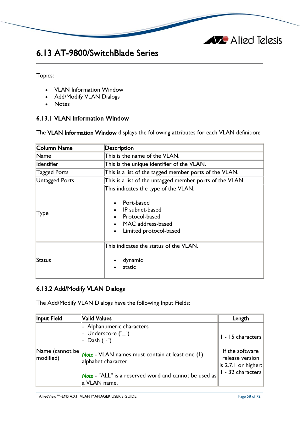 13 at-9800/switchblade series, 1 vlan information window, 2 add/modify vlan dialogs | At-9800/s, Witch, Lade, Eries | Allied Telesis AlliedView-EMS 4.0.1 VLAN MANAGER User Manual | Page 58 / 72