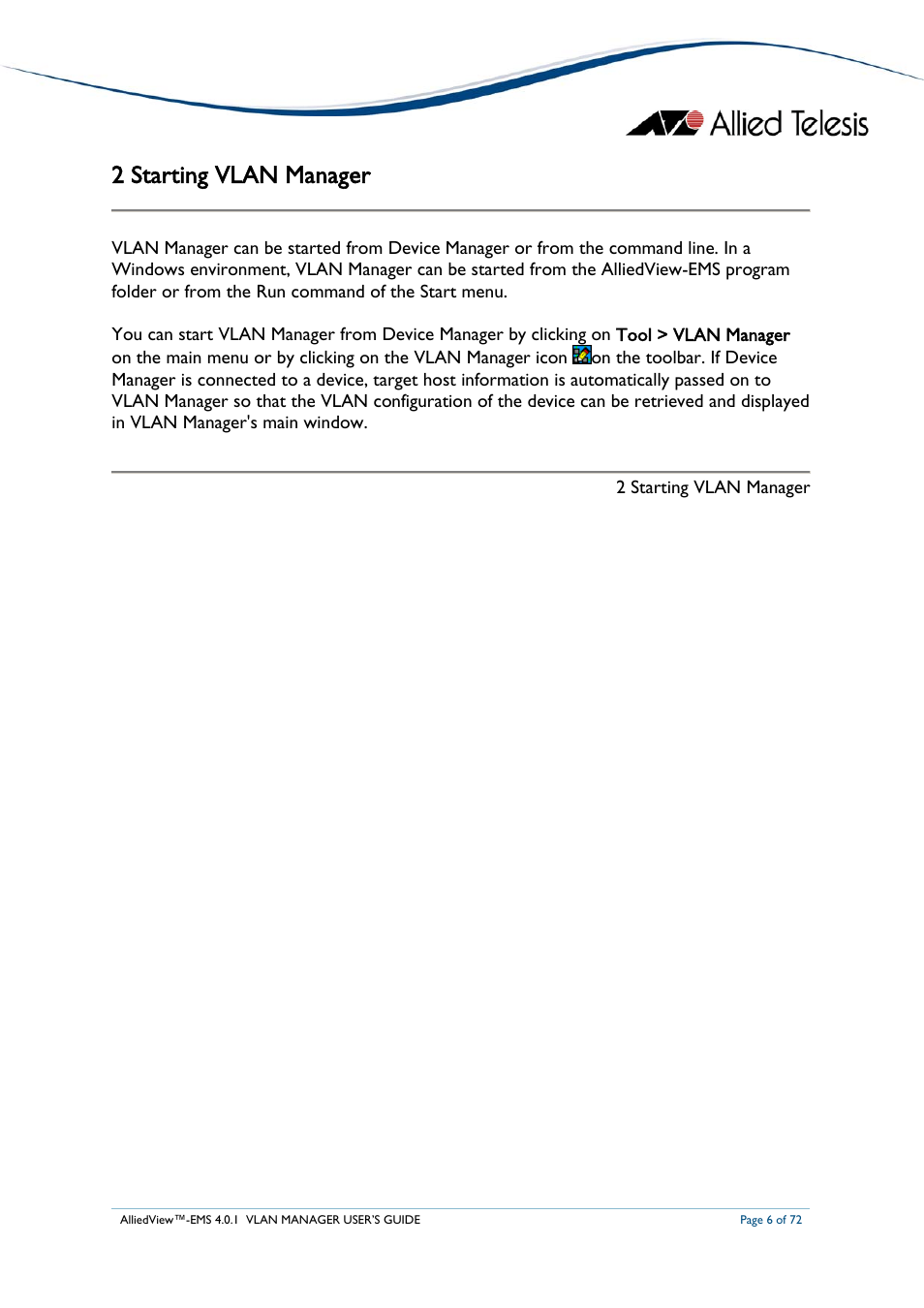 2 starting vlan manager | Allied Telesis AlliedView-EMS 4.0.1 VLAN MANAGER User Manual | Page 6 / 72