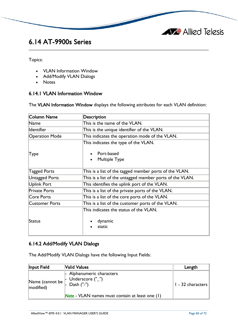 14 at-9900s series, 1 vlan information window, 2 add/modify vlan dialogs | At-9900, Eries | Allied Telesis AlliedView-EMS 4.0.1 VLAN MANAGER User Manual | Page 60 / 72