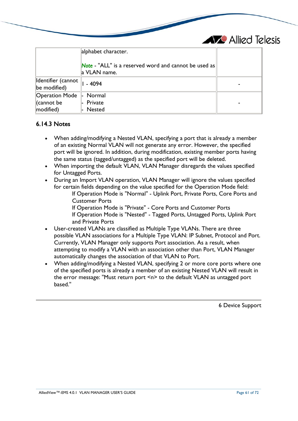 3 notes | Allied Telesis AlliedView-EMS 4.0.1 VLAN MANAGER User Manual | Page 61 / 72