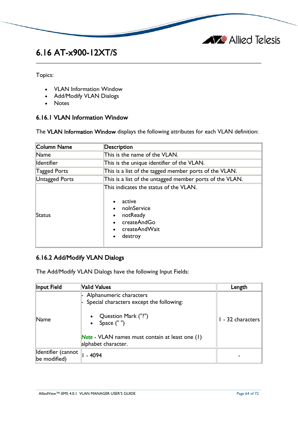 16 at-x900-12xt/s, 1 vlan information window, 2 add/modify vlan dialogs | 12xt/s | Allied Telesis AlliedView-EMS 4.0.1 VLAN MANAGER User Manual | Page 64 / 72