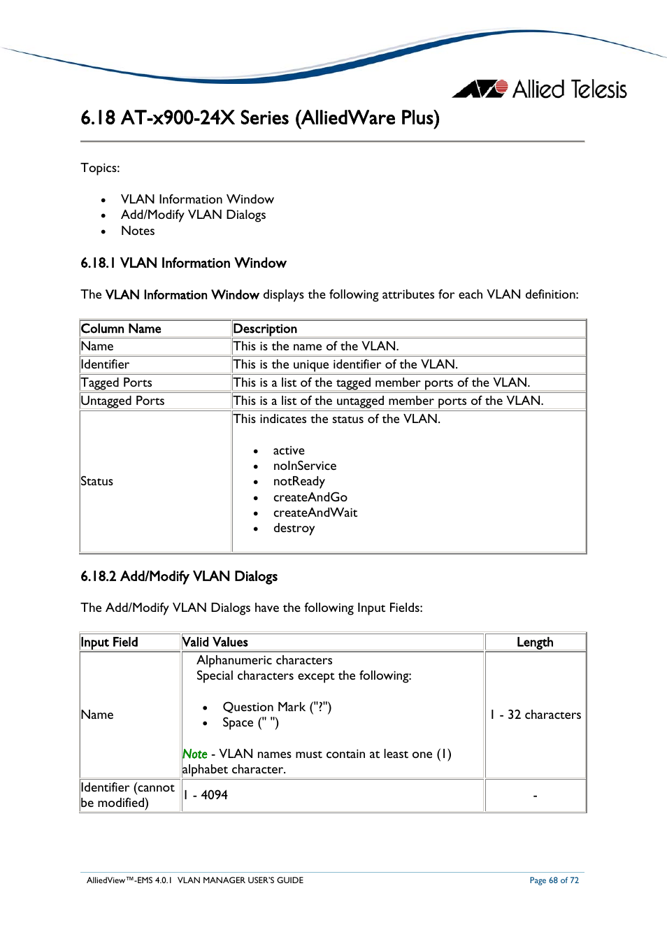 18 at-x900-24x series (alliedware plus), 1 vlan information window, 2 add/modify vlan dialogs | Eries, Llied | Allied Telesis AlliedView-EMS 4.0.1 VLAN MANAGER User Manual | Page 68 / 72