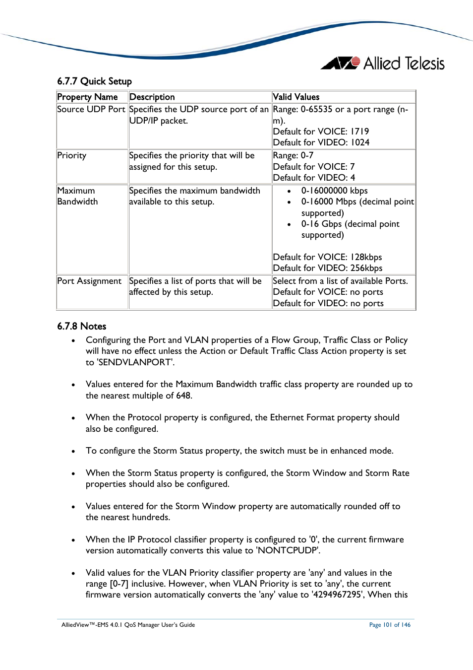 7 quick setup, 8 notes, Quick setup | Notes | Allied Telesis AlliedView-EMS 4.0.1 QoS MANAGER User Manual | Page 101 / 146