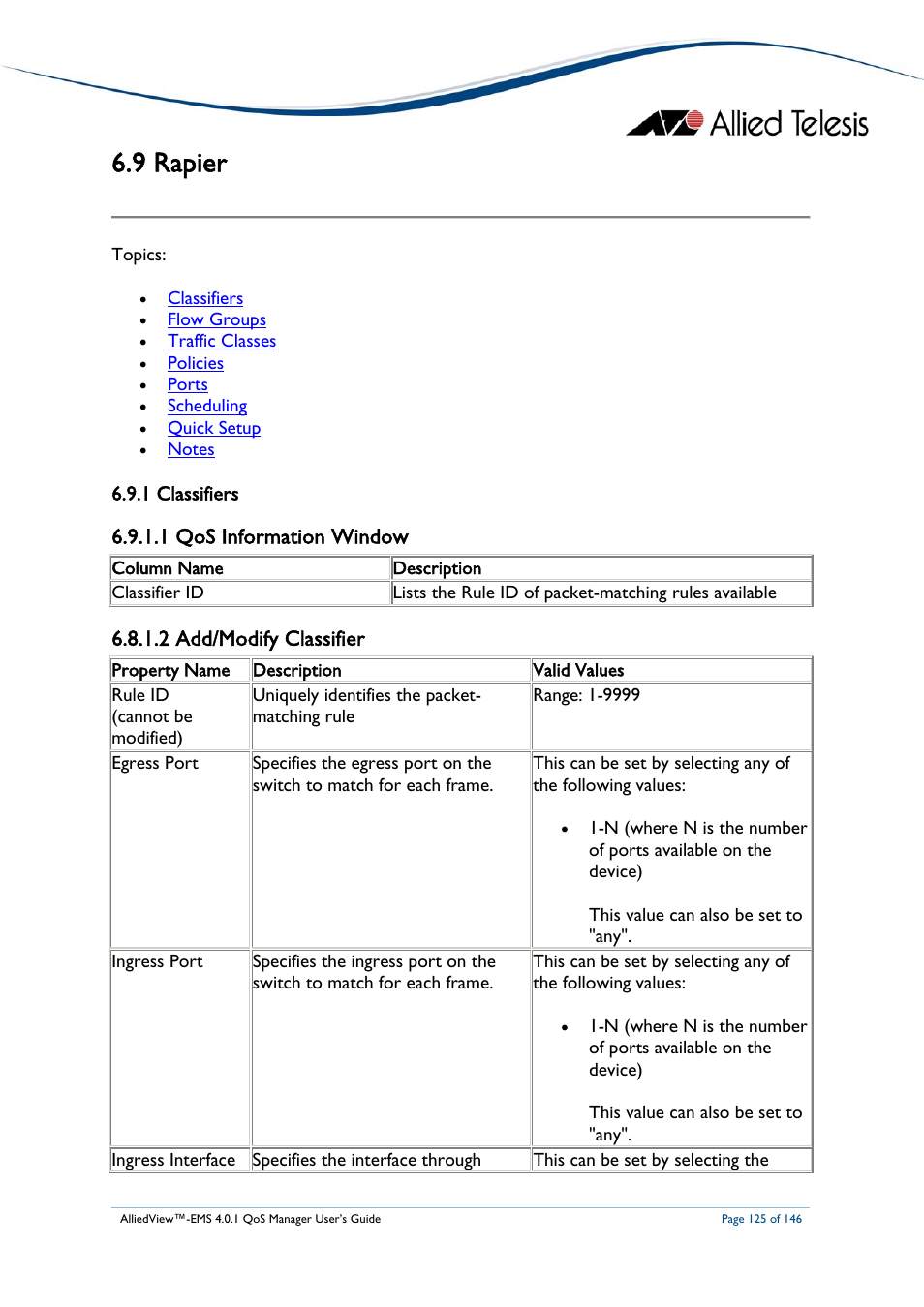 9 rapier, 1 classifiers, 1 qos information window | 2 add/modify classifier, Apier, Rapier | Allied Telesis AlliedView-EMS 4.0.1 QoS MANAGER User Manual | Page 125 / 146