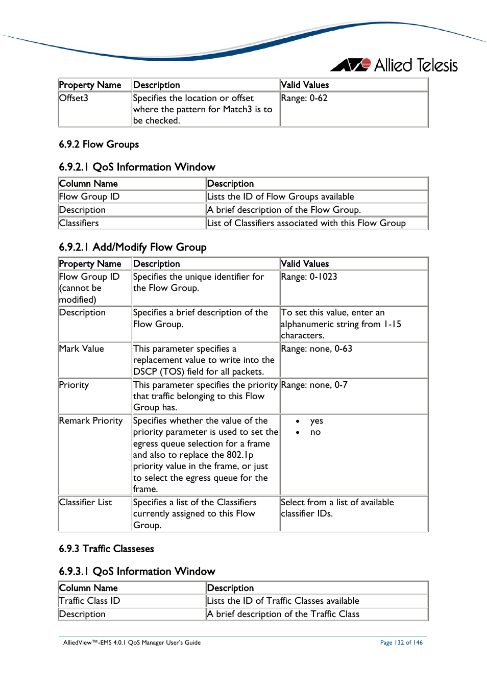 2 flow groups, 1 qos information window, 1 add/modify flow group | 3 traffic classeses, 2 flow groups 6.9.3 traffic classeses, Flow groups, Traffic classes | Allied Telesis AlliedView-EMS 4.0.1 QoS MANAGER User Manual | Page 132 / 146